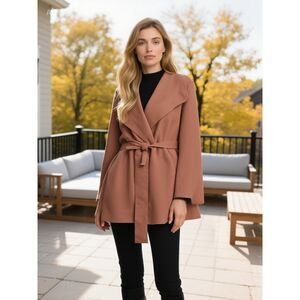 Magaschoni Women's XS Brown Faux Suede Open Front Pea Coat with Belt